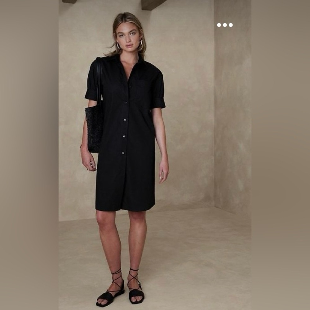 BANANA REPUBLIC Black Poplin Knee Length Collared Shirt Dress Preppy